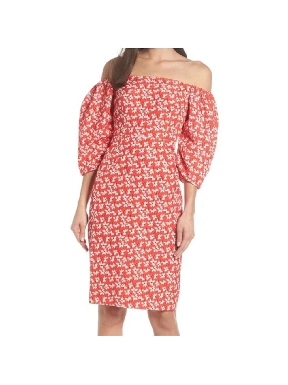 Chelsea28 Red and White Off-Shoulder Puff Sleeve Sheath Midi Dress size 6